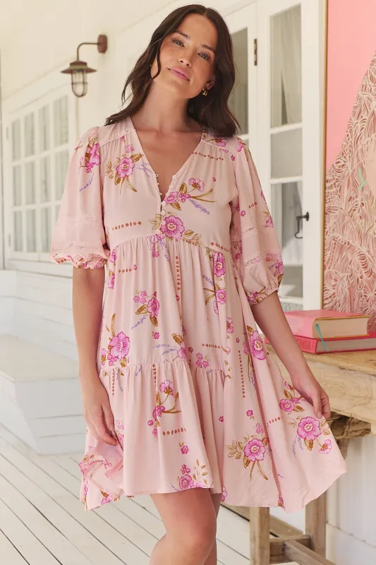 JAASE - Tracey Mini Dress: 3/4 Sleeve Dress with Waist Tie in Blushing Fields Print sold by Salty Crush