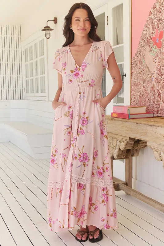JAASE - Carmen Maxi Dress: Butterfly Cap Sleeve Button Down A Line Dress with Lace Trim in Blushing Fields Print sold by Salty Crush