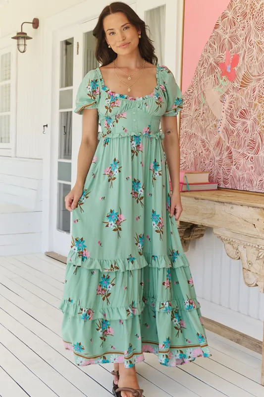 Moyo Midi Dress - A-Line Dress with Frill Splicing and Milkmaid Neckline in Maribel Print sold by Salty Crush