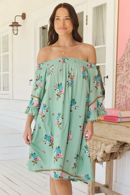 Poppy Mini Dress - Elasticated Off the Shoulder Crochet Trim Sleeves Dress in Maribel Print made by Jaase