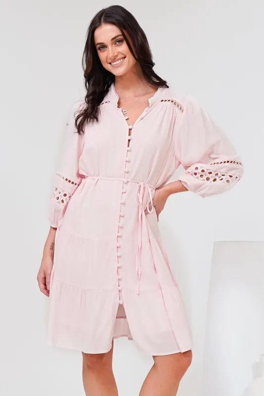 Alyce Mini Dress - Button Down Dress with Cut Out Detailed Sleeves and Matching Belt in Pink sold by Salty Crush