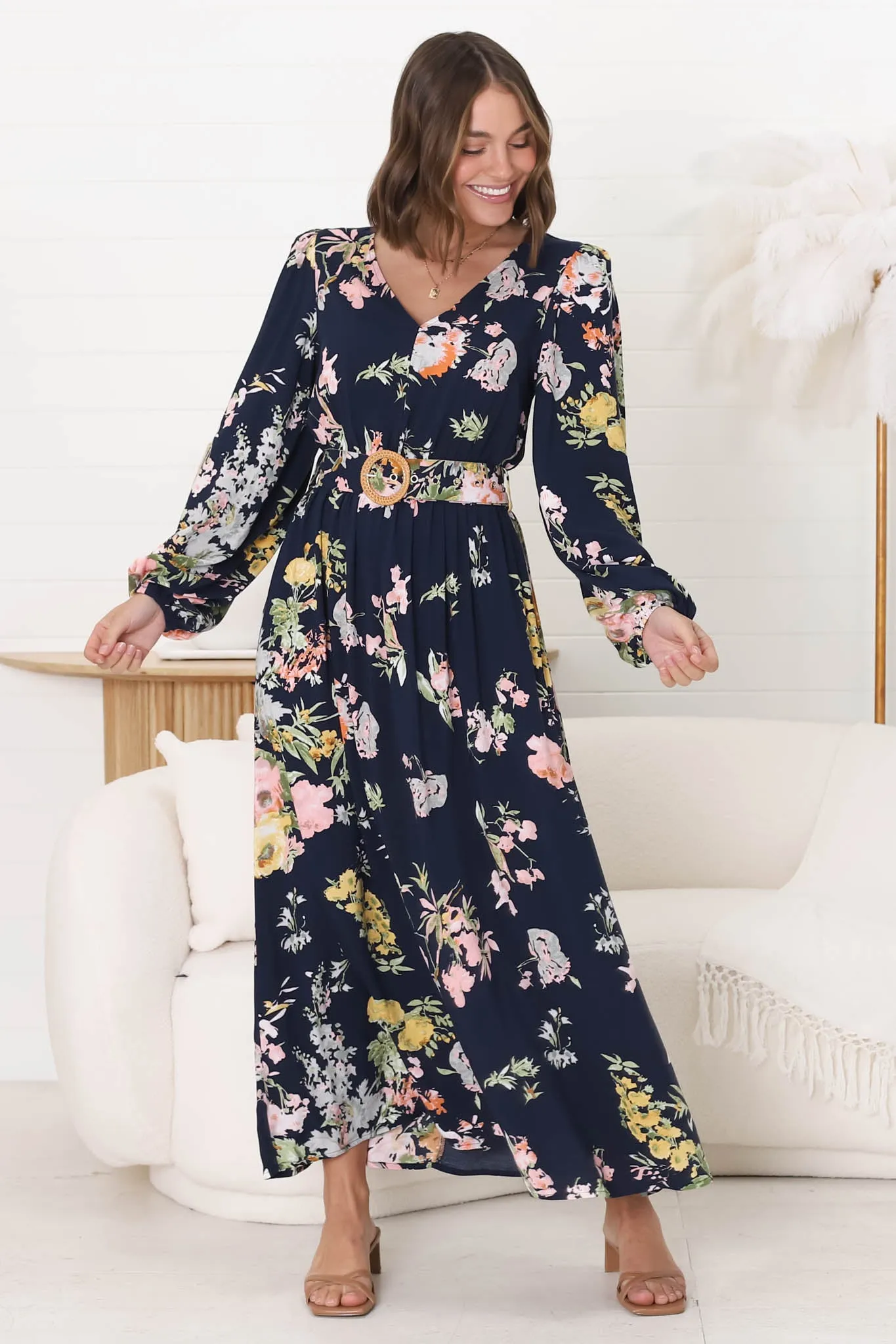 Lyna Midi Dress - A-Line Dress with Statement Rattan Buckle Belt in Lidye Print sold by Salty Crush