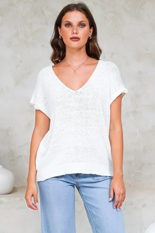 Millicent Knit Top - Relaxed V-Neck Top with Ribbed Hemline in White sold by Salty Crush