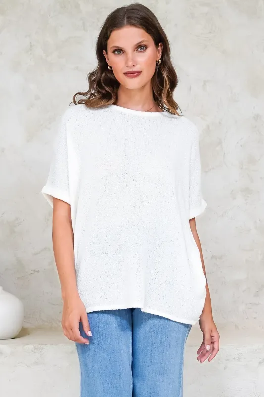 Andre Top - Crew Neck Slouchy Knit Top with Cuffed Short Sleeves in White made by Salty Crush