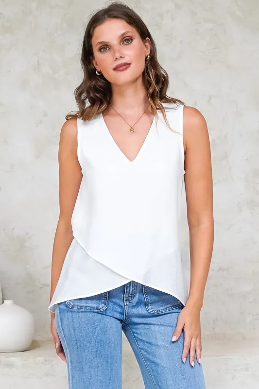 Hemingway Top - Asymmetrical Front High-Low V-Neck Sleeveless Top in White made by Salty Crush