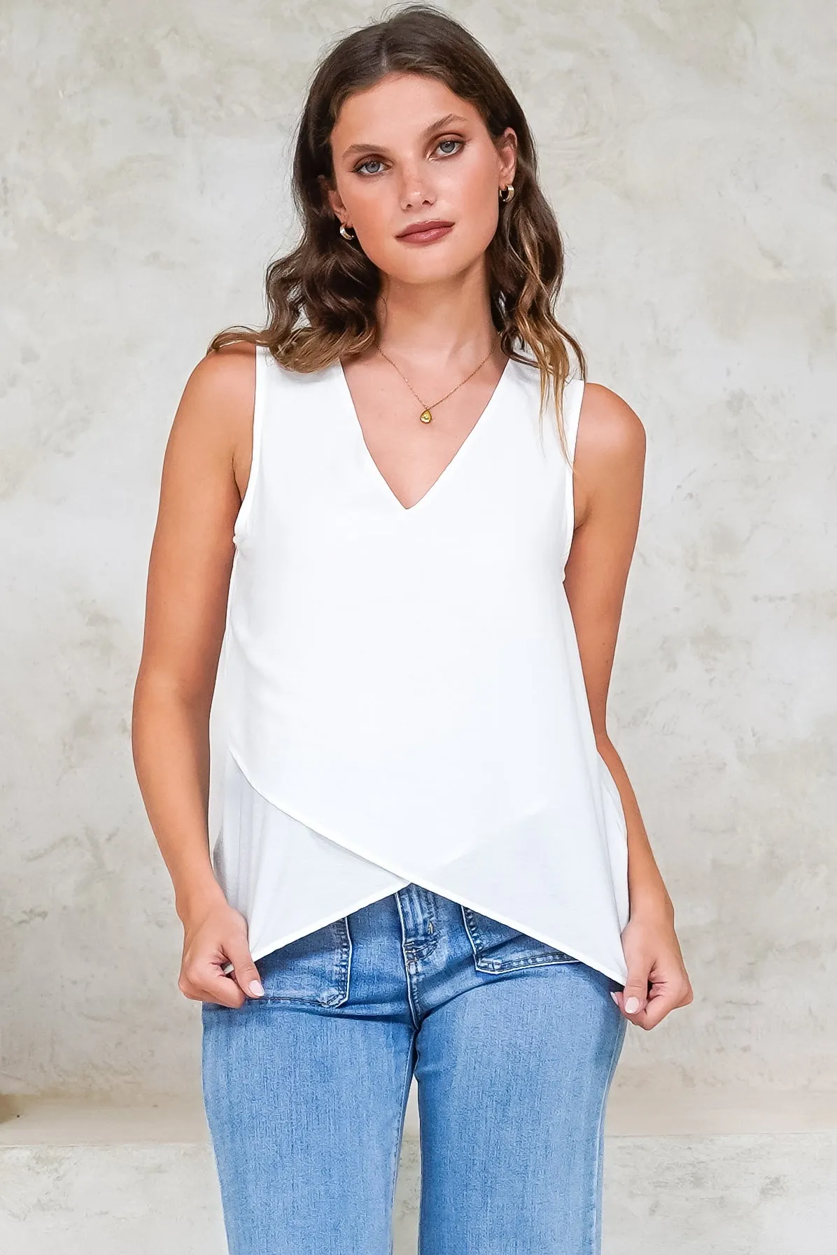 Hemingway Top - Asymmetrical Front High-Low V-Neck Sleeveless Top in White sold by Salty Crush product image thumbnail 2