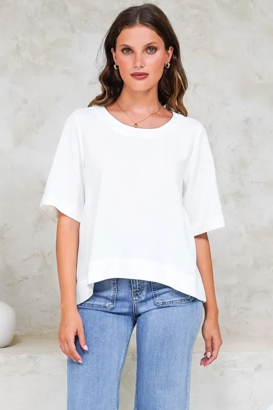 Tustin Top - Round Neck Boxy High Low Top with Short Sleeves in White made by Salty Crush