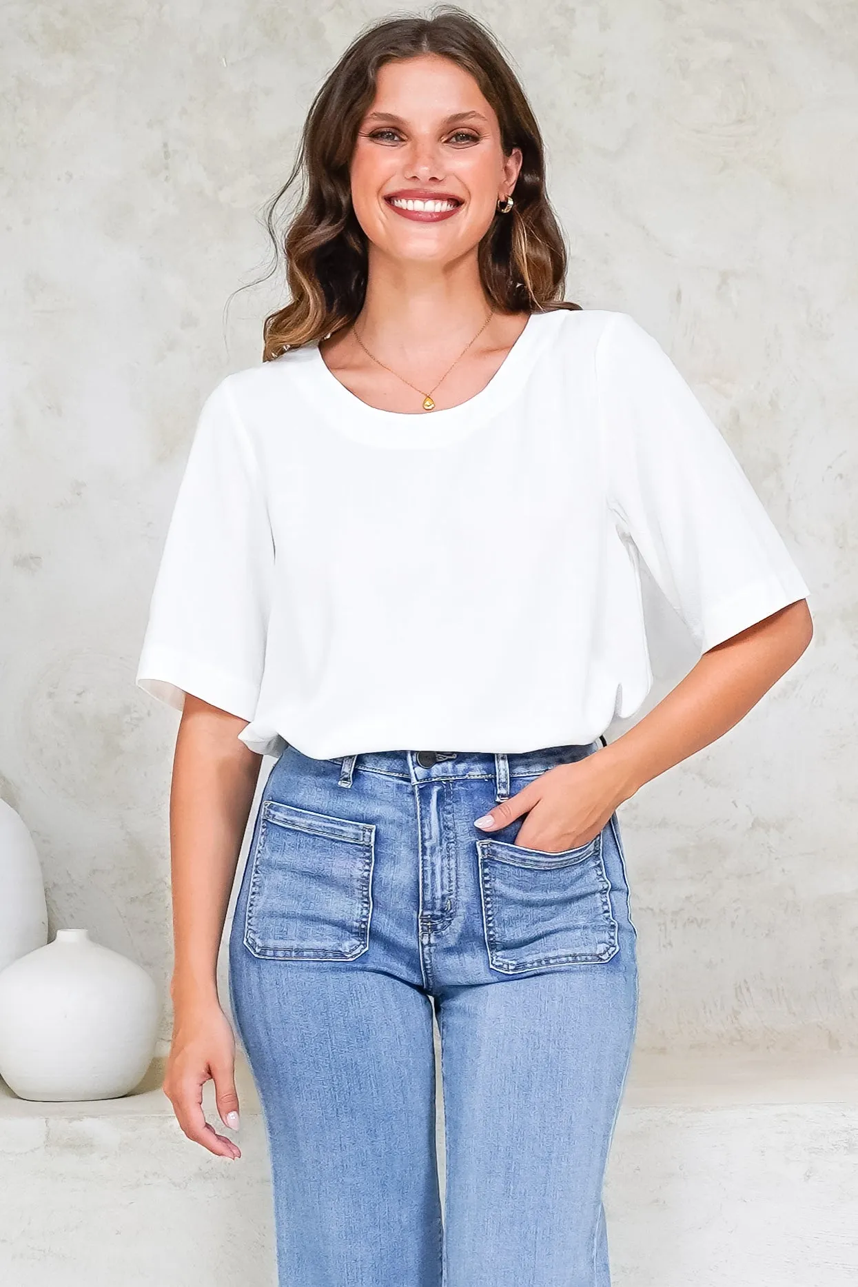Tustin Top - Round Neck Boxy High Low Top with Short Sleeves in White sold by Salty Crush product image thumbnail 5