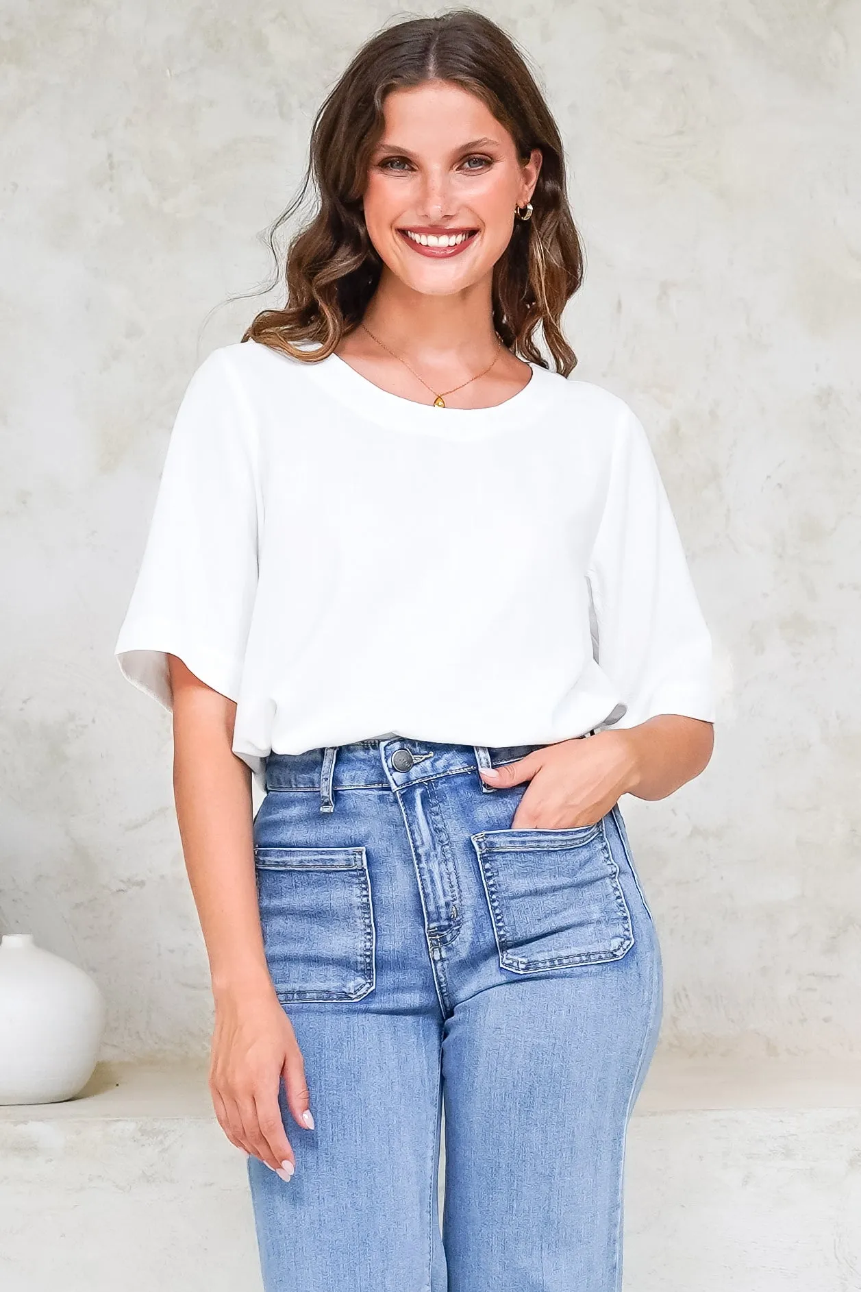 Tustin Top - Round Neck Boxy High Low Top with Short Sleeves in White sold by Salty Crush product image thumbnail 3