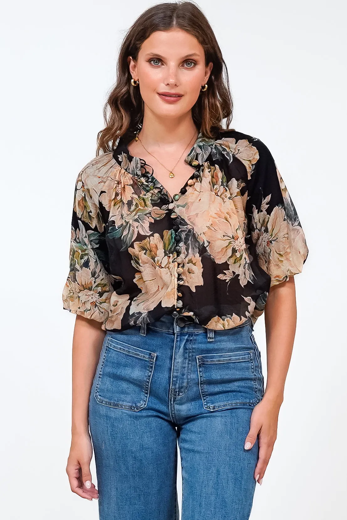 Natalia Blouse - Button Down Mandarin Collar Shirt in Kirah Print Black sold by Salty Crush product image thumbnail 4