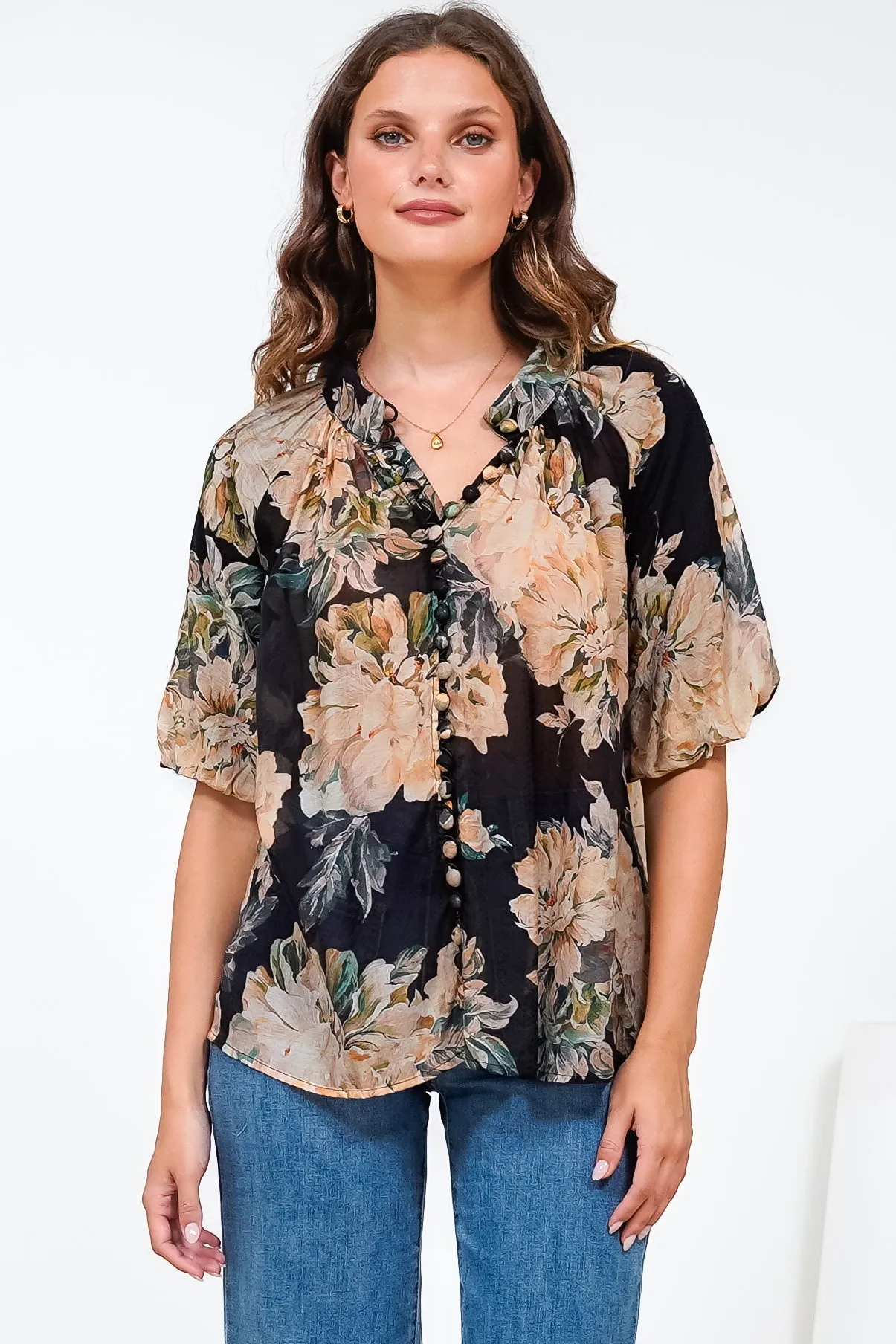 Natalia Blouse - Button Down Mandarin Collar Shirt in Kirah Print Black sold by Salty Crush product image thumbnail 5