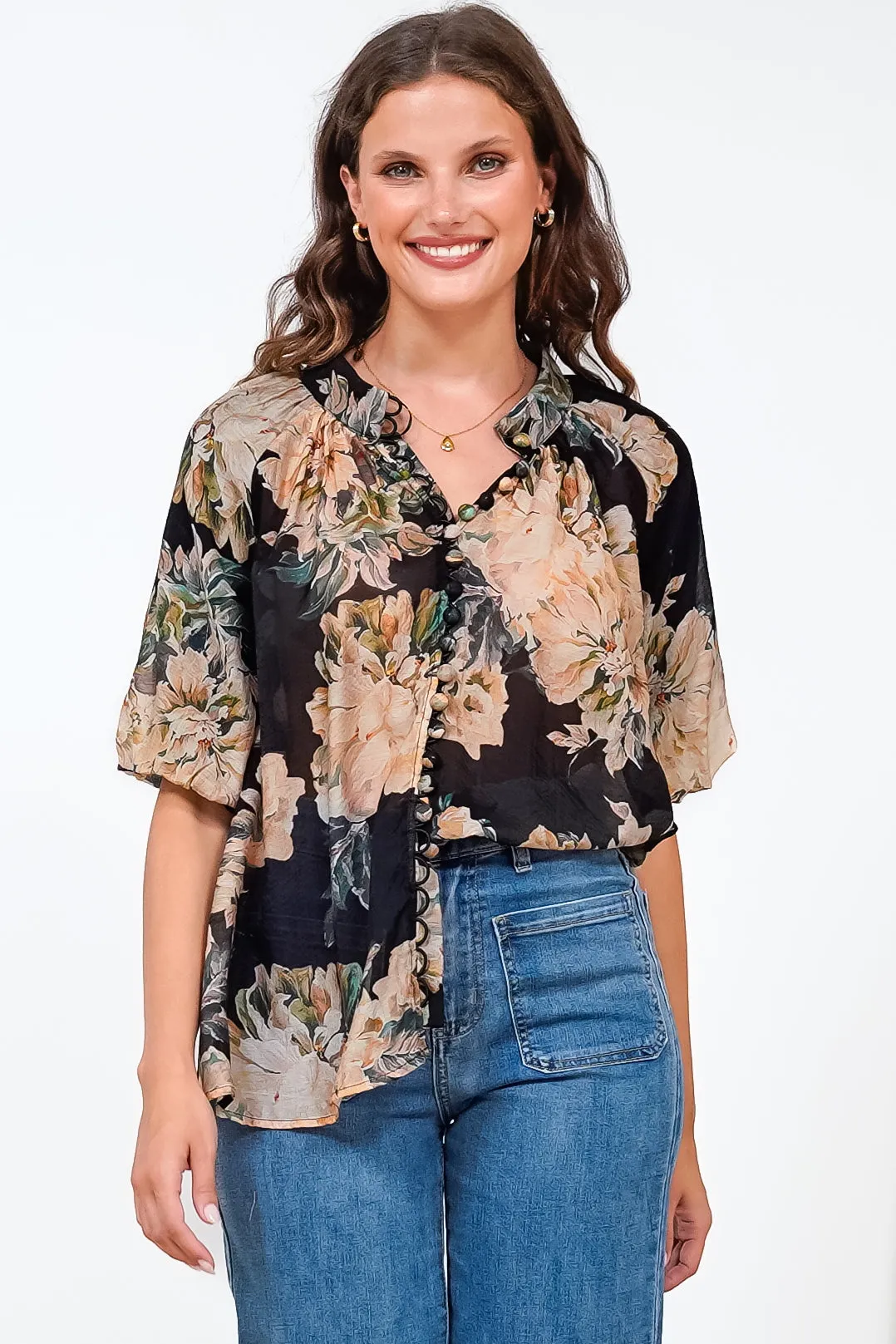 Natalia Blouse - Button Down Mandarin Collar Shirt in Kirah Print Black sold by Salty Crush product image thumbnail 2