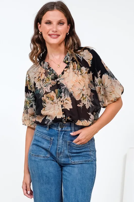 Natalia Blouse - Button Down Mandarin Collar Shirt in Kirah Print Black sold by Salty Crush