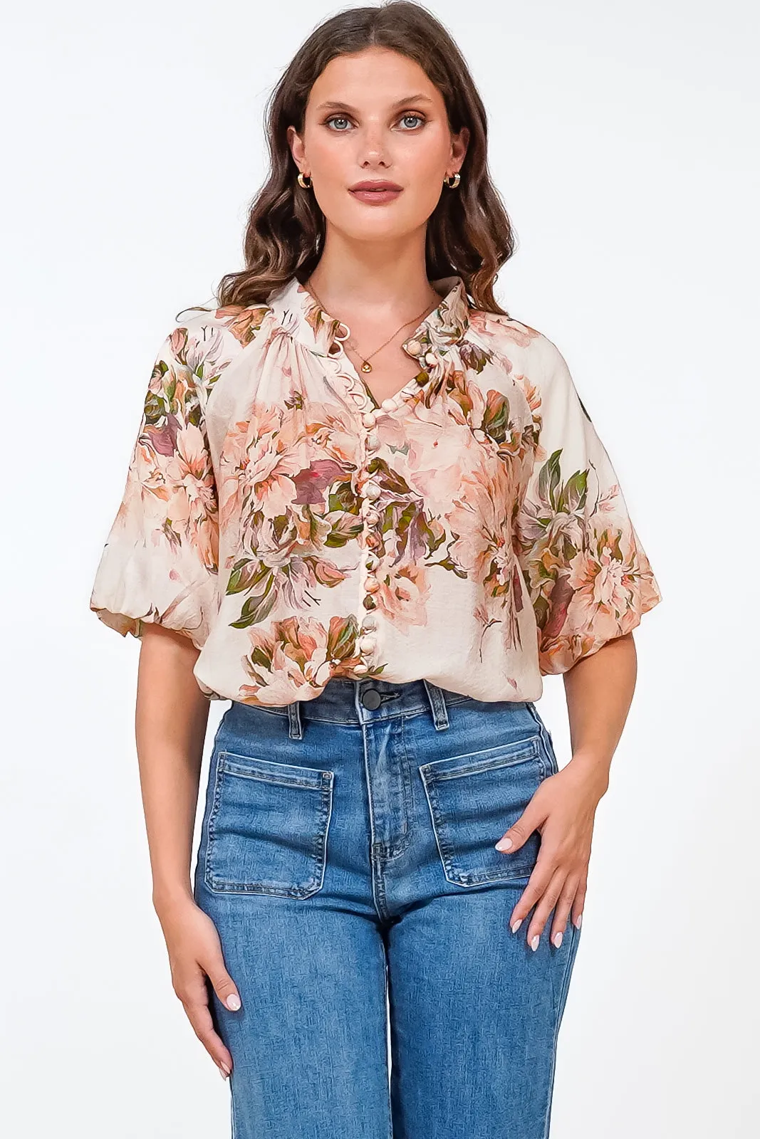 Natalia Blouse - Button Down Mandarin Collar Shirt in Kirah Print Peach sold by Salty Crush product image thumbnail 2