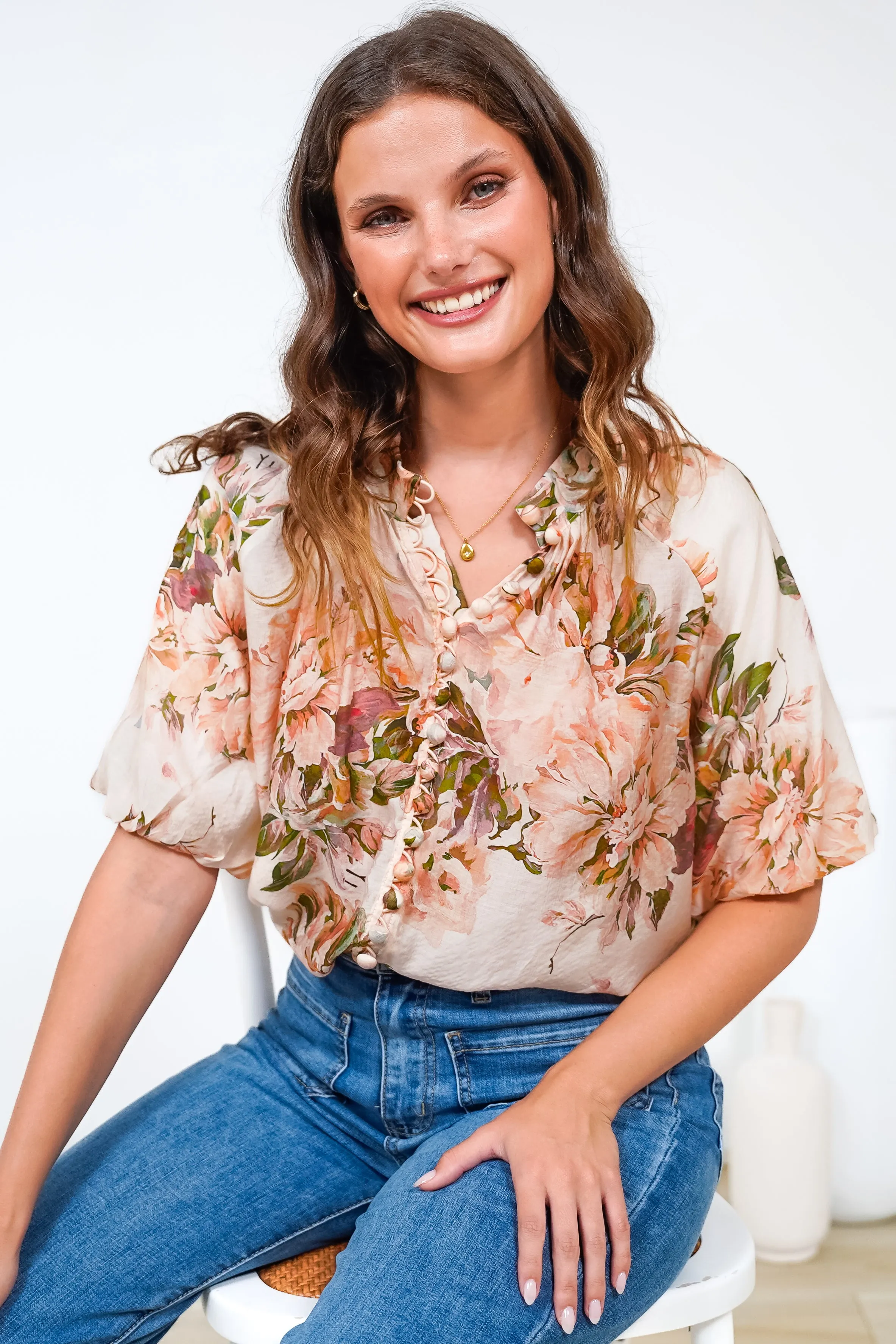 Natalia Blouse - Button Down Mandarin Collar Shirt in Kirah Print Peach sold by Salty Crush product image thumbnail 3