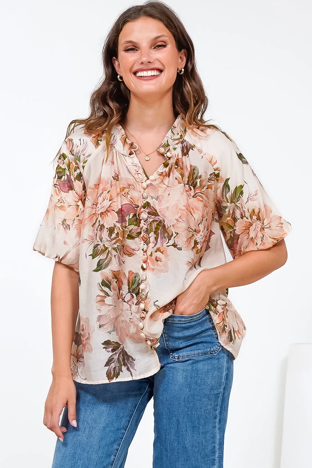Natalia Blouse - Button Down Mandarin Collar Shirt in Kirah Print Peach sold by Salty Crush
