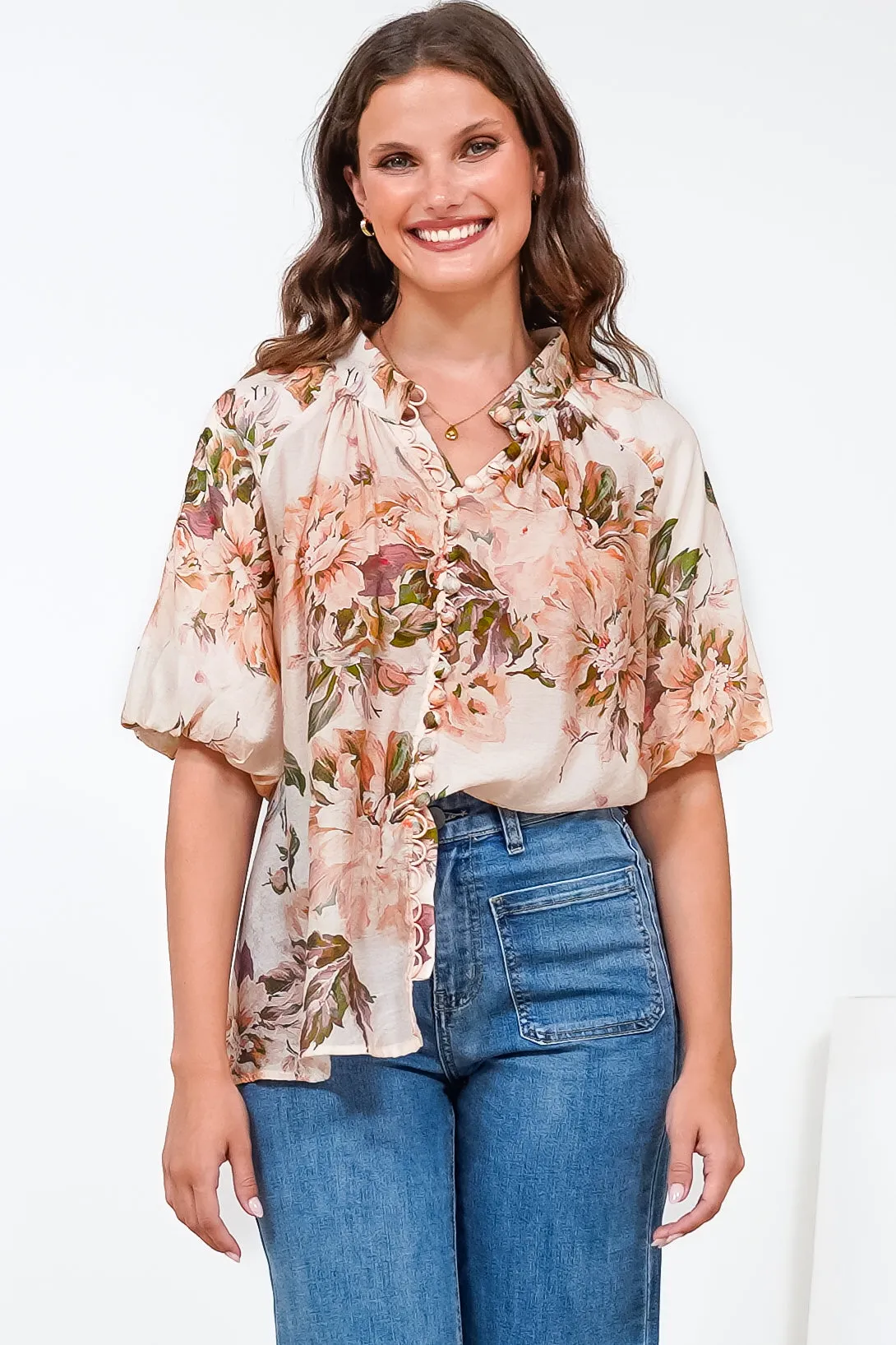 Natalia Blouse - Button Down Mandarin Collar Shirt in Kirah Print Peach sold by Salty Crush product image thumbnail 4
