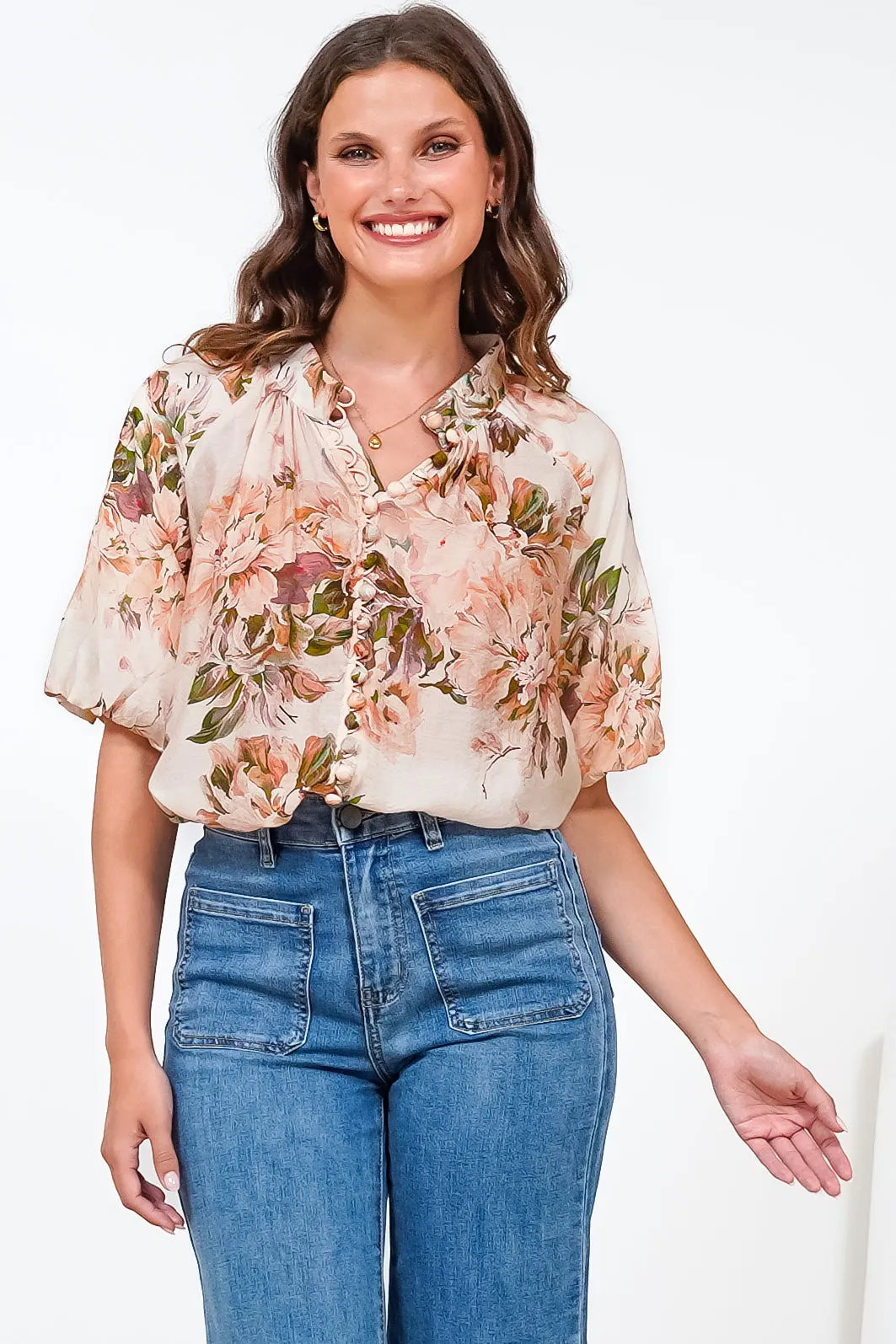 Natalia Blouse - Button Down Mandarin Collar Shirt in Kirah Print Peach sold by Salty Crush product image thumbnail 5