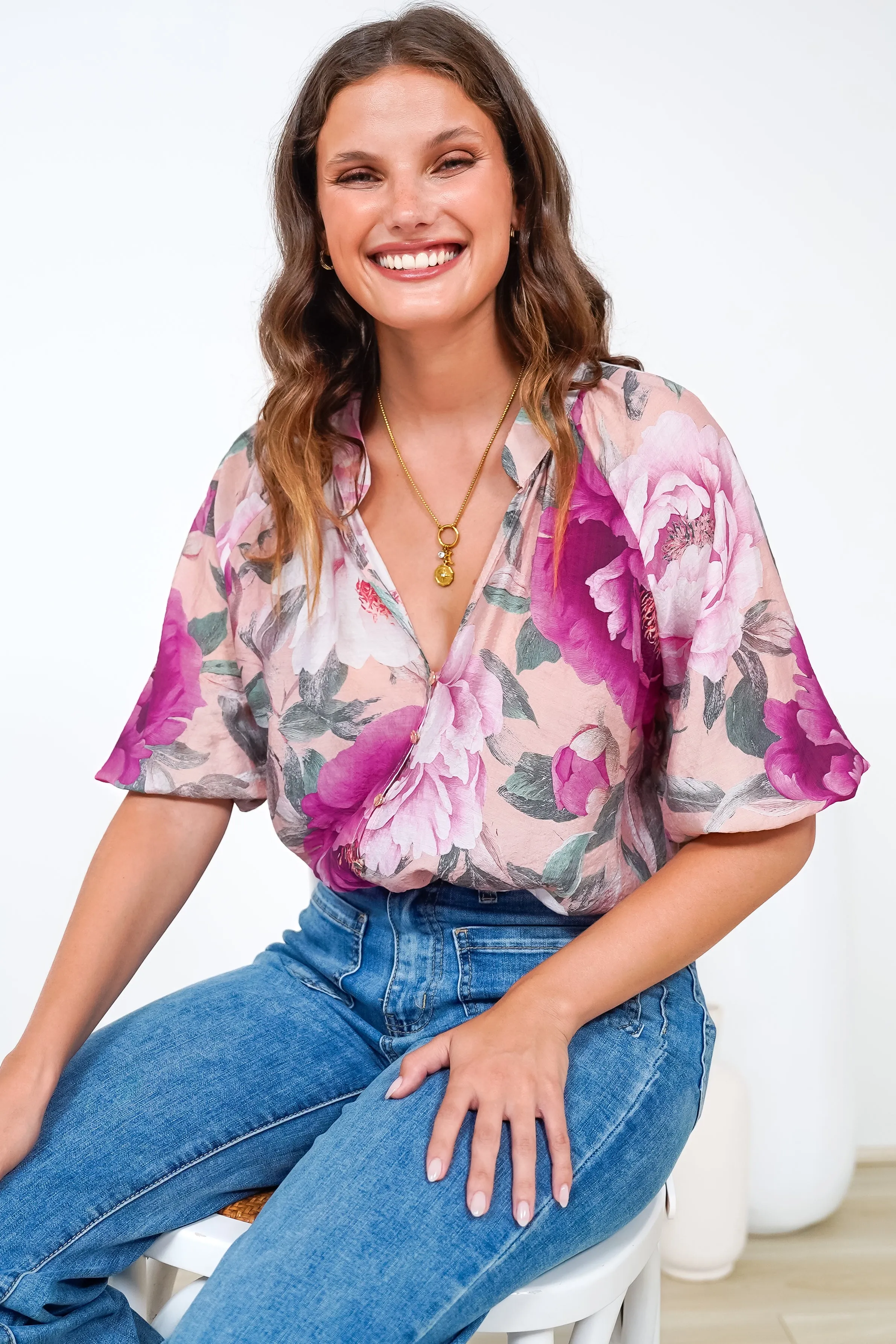 Cecilia Blouse - Mandarin Collar Button-Down with Half Balloon Sleeves in Tiana Print Pink sold by Salty Crush product image thumbnail 2