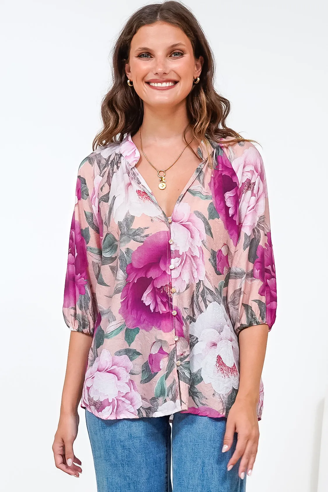 Cecilia Blouse - Mandarin Collar Button-Down with Half Balloon Sleeves in Tiana Print Pink sold by Salty Crush product image thumbnail 3