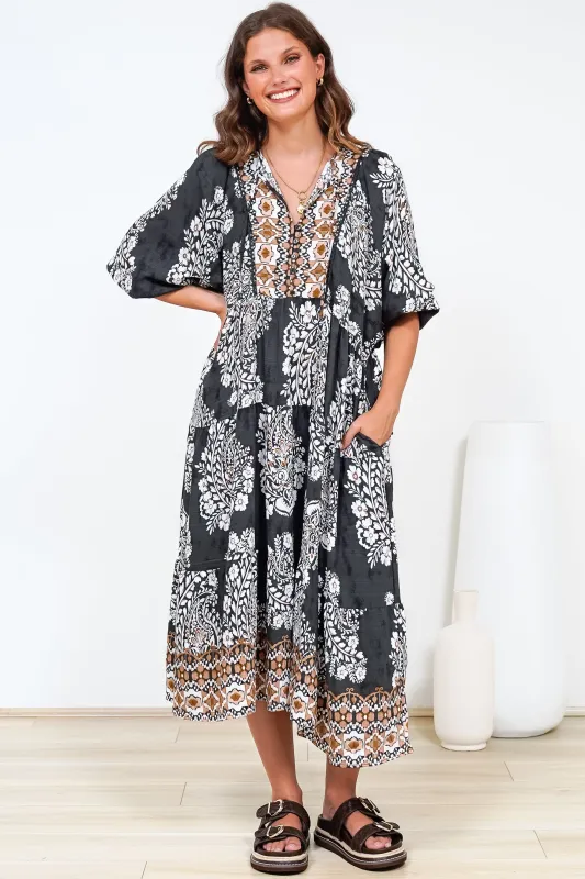 Kamali Midi Dress - Batwing Sleeve Smock Dress with Lace Detailing in Divani Print Black sold by Salty Crush