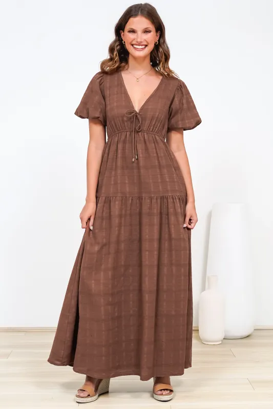 Emirah Maxi Dress - V-Neck Tiered A-Line Dress with Puff Sleeves in Chocolate sold by Salty Crush