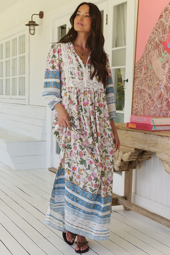Meadow Maxi Dress - Lace Insert Detailed Dress with Side Splits in Pixie Petals Print sold by Salty Crush