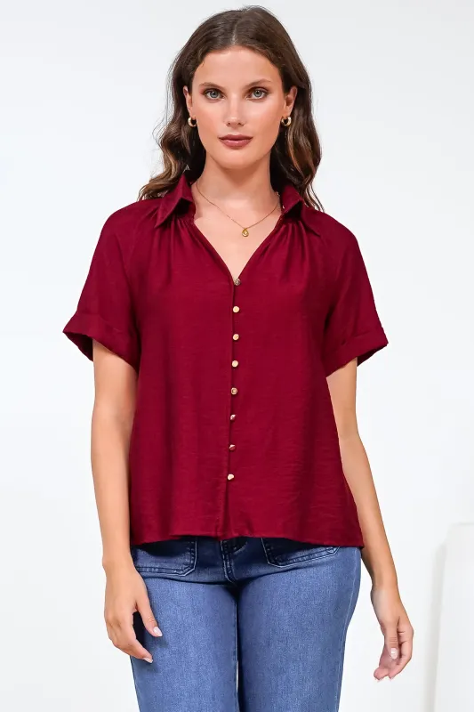 Madge Blouse - Collared Button Down with Short Sleeves in Wine made by Salty Crush