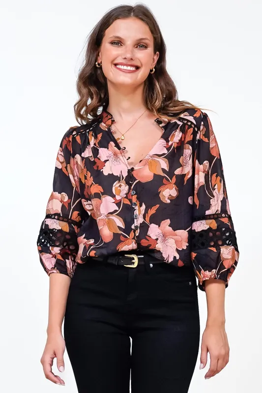 Alyce Shirt - Mandarin Collar Cut Out Detailed Sleeve Button Down in Larissa Print Black sold by Salty Crush