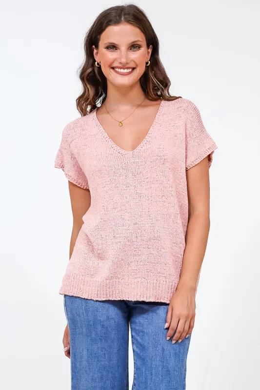 Millicent Knit Top - Relaxed V-Neck Top with Ribbed Hemline in Blush sold by Salty Crush