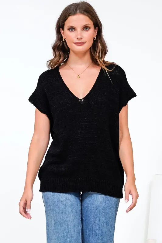 Millicent Knit Top - Relaxed V-Neck Top with Ribbed Hemline in Black made by Salty Crush