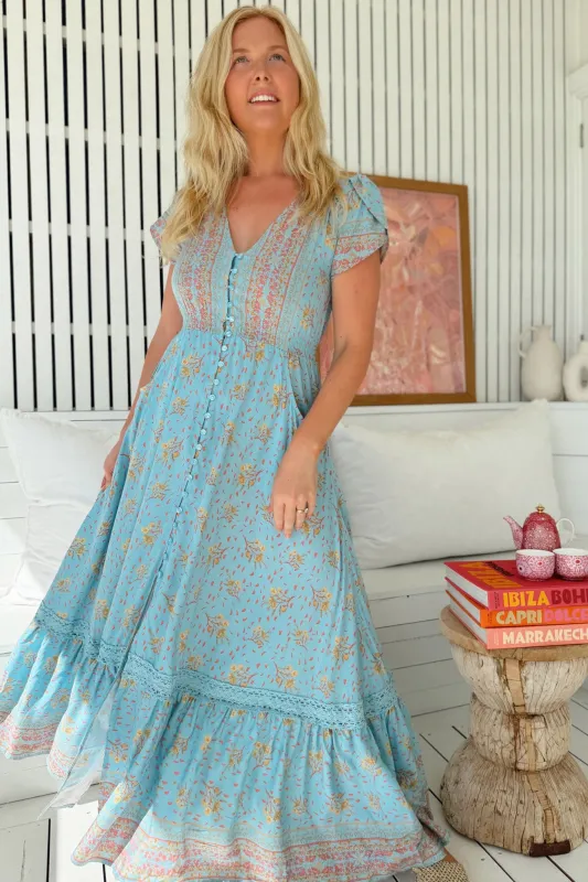 JAASE - Carmen Maxi Dress: Butterfly Cap Sleeve Button Down A Line Dress with Lace Trim in Laguna Fleur Print sold by Salty Crush