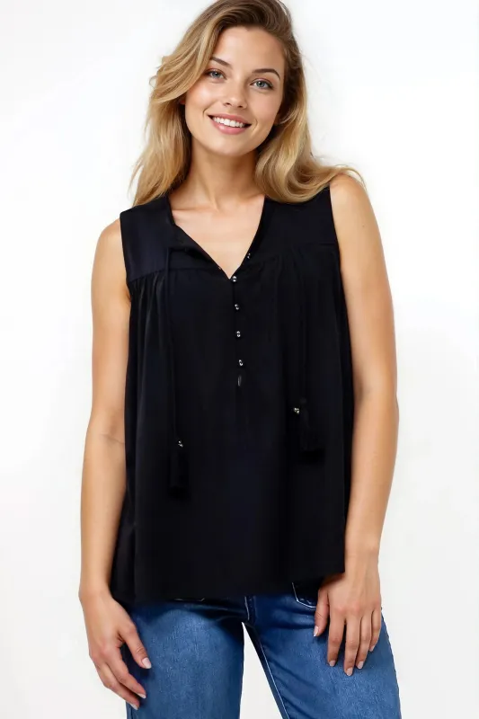 Kalari Top - Sleeveless Mandarin Collar with Tassel & Bells Neck Tie in Black sold by Salty Crush