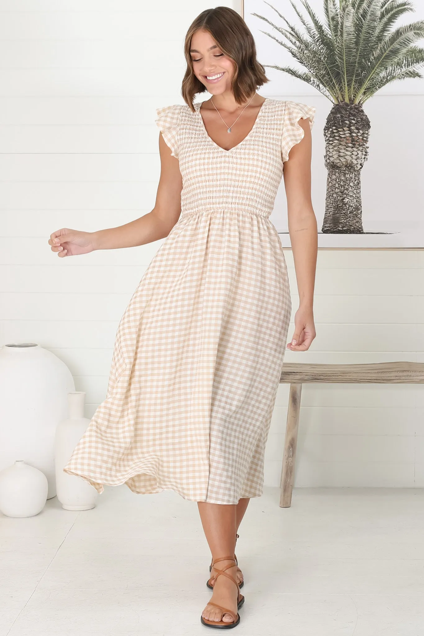 Mistee Midi Dress - Flutter Cap Sleeve Elasticated Bodice A Line Dress in Gingham Print Beige sold by Salty Crush product image thumbnail 2
