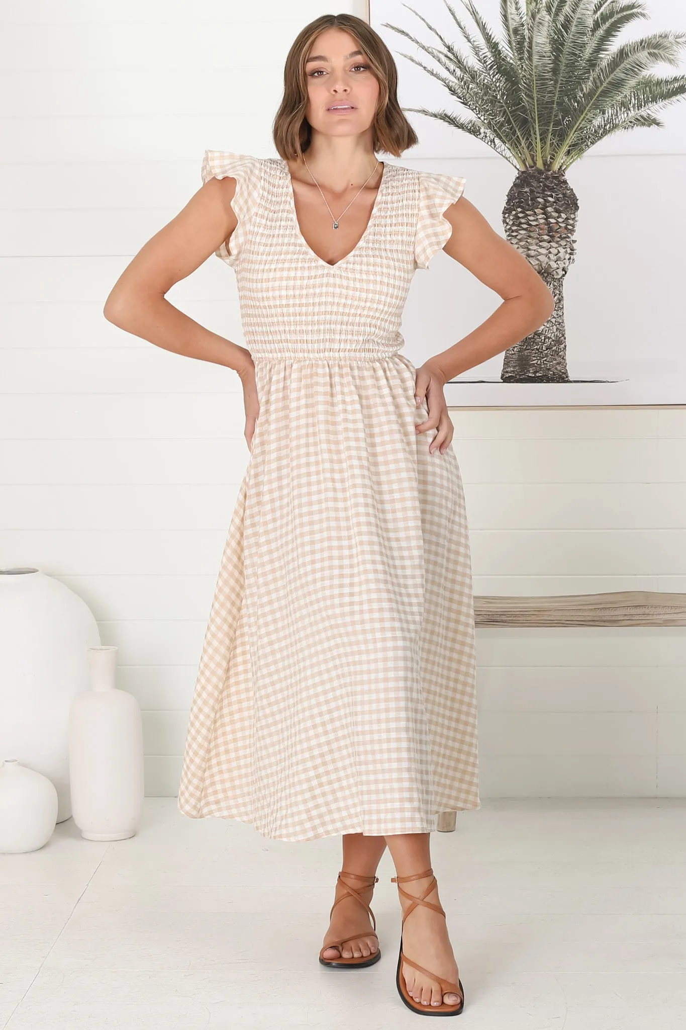 Mistee Midi Dress - Flutter Cap Sleeve Elasticated Bodice A Line Dress in Gingham Print Beige sold by Salty Crush