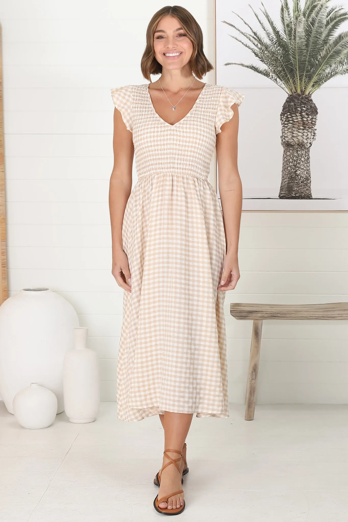 Mistee Midi Dress - Flutter Cap Sleeve Elasticated Bodice A Line Dress in Gingham Print Beige sold by Salty Crush product image thumbnail 3
