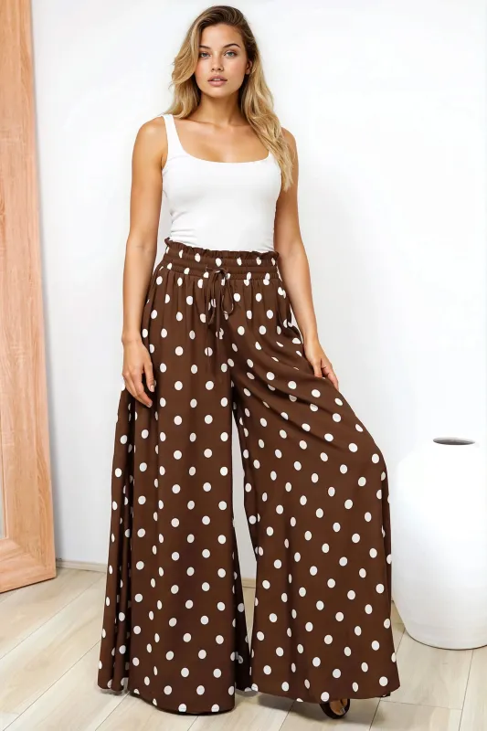 Charli Pants -  Paper Bag High Waisted Wide Leg Pants in Ashti Spot Print Brown sold by Salty Crush