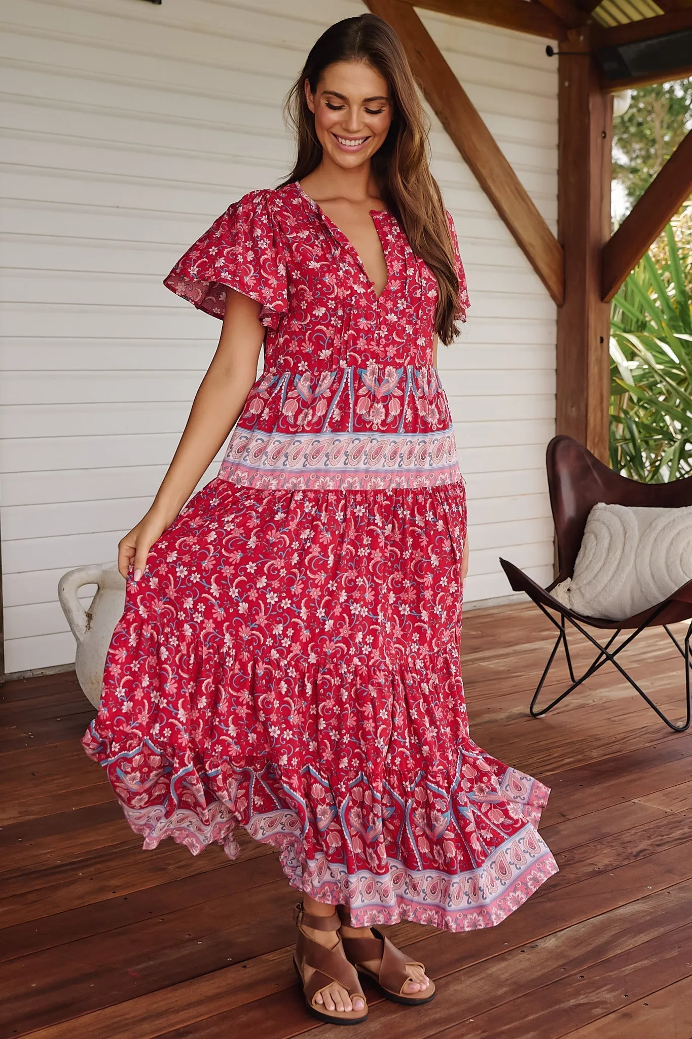 JAASE - Olli Maxi Dress: V Neck Tiered Smock Dress with Short Sleeves in Ruby Rouge Print sold by Salty Crush product image thumbnail 5