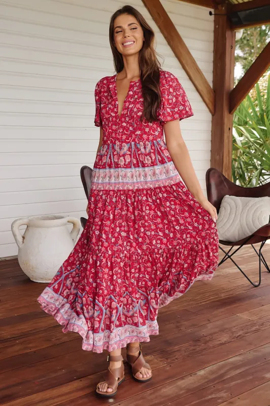 JAASE - Olli Maxi Dress: V Neck Tiered Smock Dress with Short Sleeves in Ruby Rouge Print sold by Salty Crush