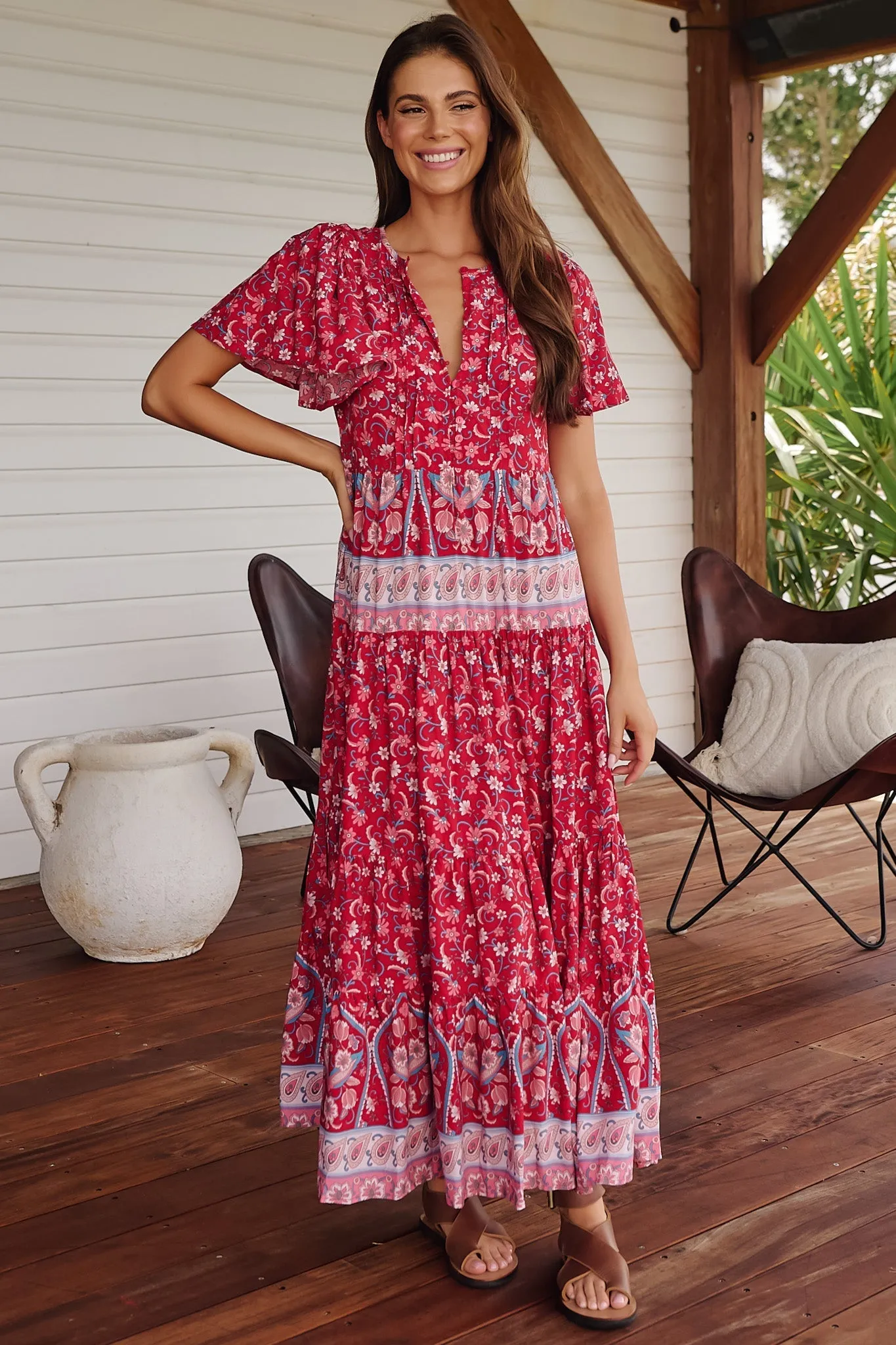 JAASE - Olli Maxi Dress: V Neck Tiered Smock Dress with Short Sleeves in Ruby Rouge Print sold by Salty Crush product image thumbnail 3