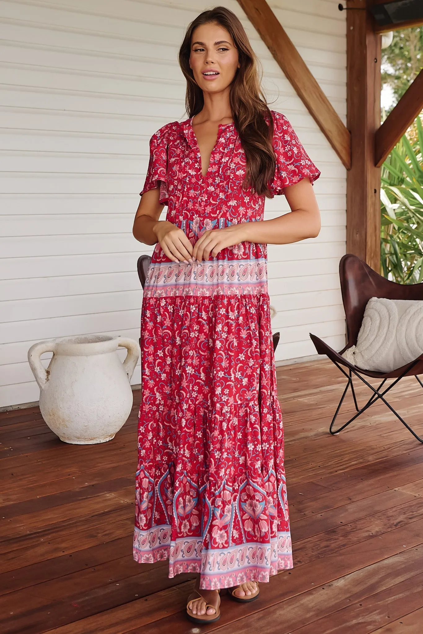 JAASE - Olli Maxi Dress: V Neck Tiered Smock Dress with Short Sleeves in Ruby Rouge Print sold by Salty Crush product image thumbnail 4