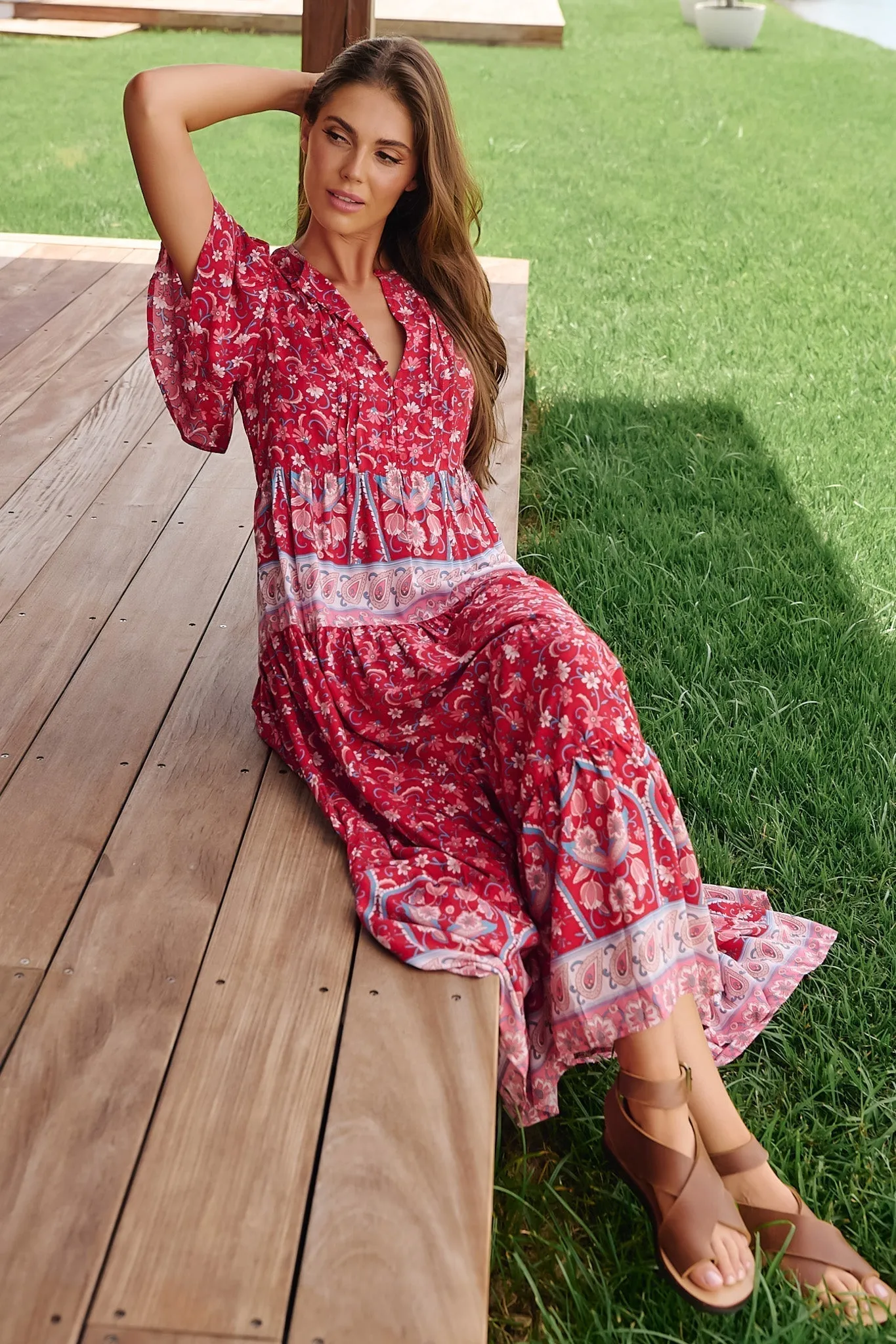 JAASE - Olli Maxi Dress: V Neck Tiered Smock Dress with Short Sleeves in Ruby Rouge Print sold by Salty Crush product image thumbnail 2