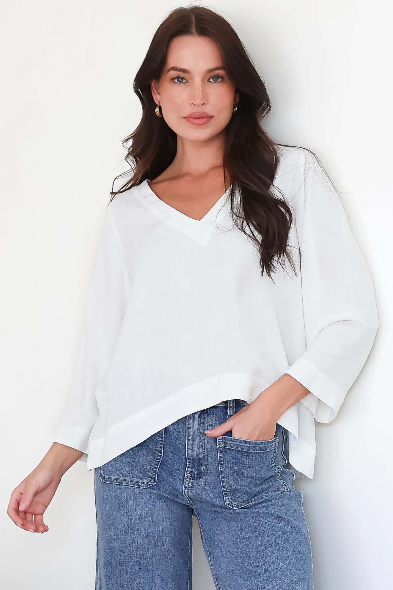 Breezer Top - Long Sleeve V Neck Pull Over Top with High Low Hemline in White sold by Salty Crush product image thumbnail 2