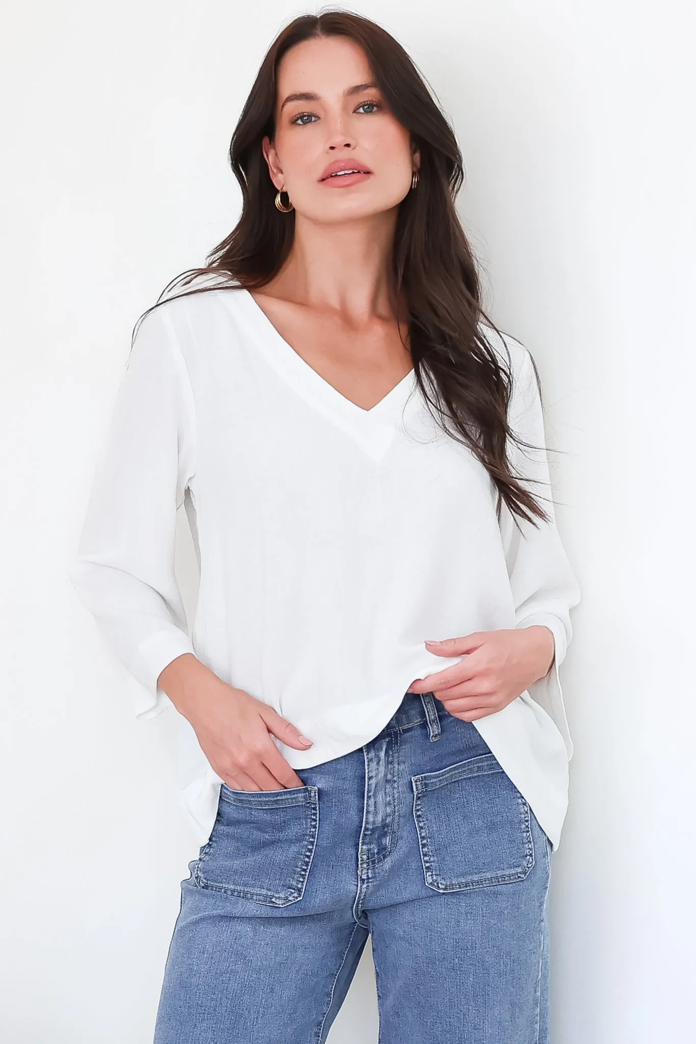 Breezer Top - Long Sleeve V Neck Pull Over Top with High Low Hemline in White sold by Salty Crush product image thumbnail 5