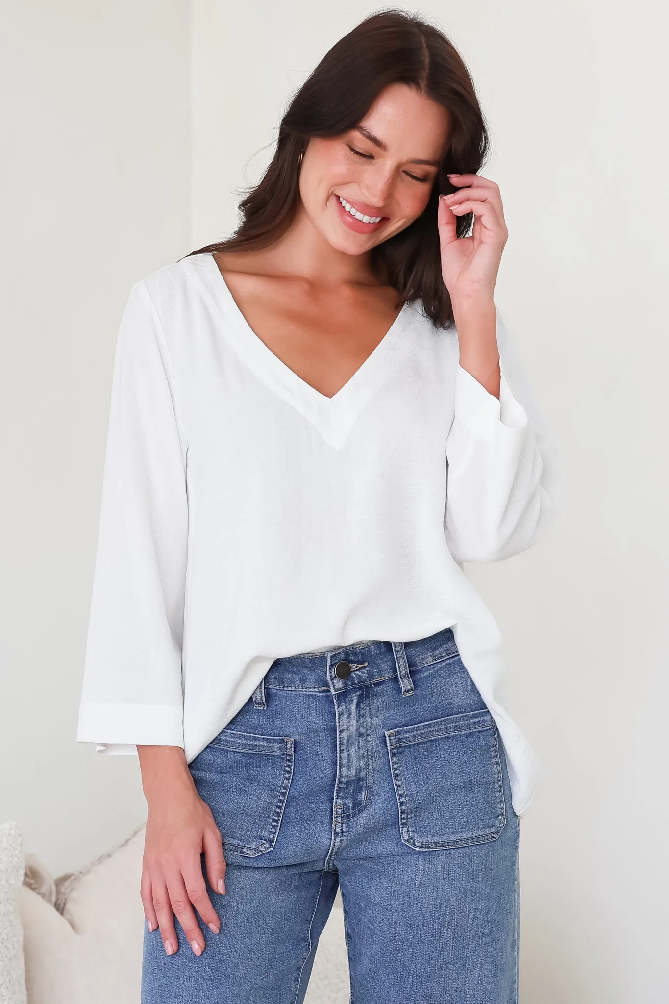 Breezer Top - Long Sleeve V Neck Pull Over Top with High Low Hemline in White sold by Salty Crush product image thumbnail 4
