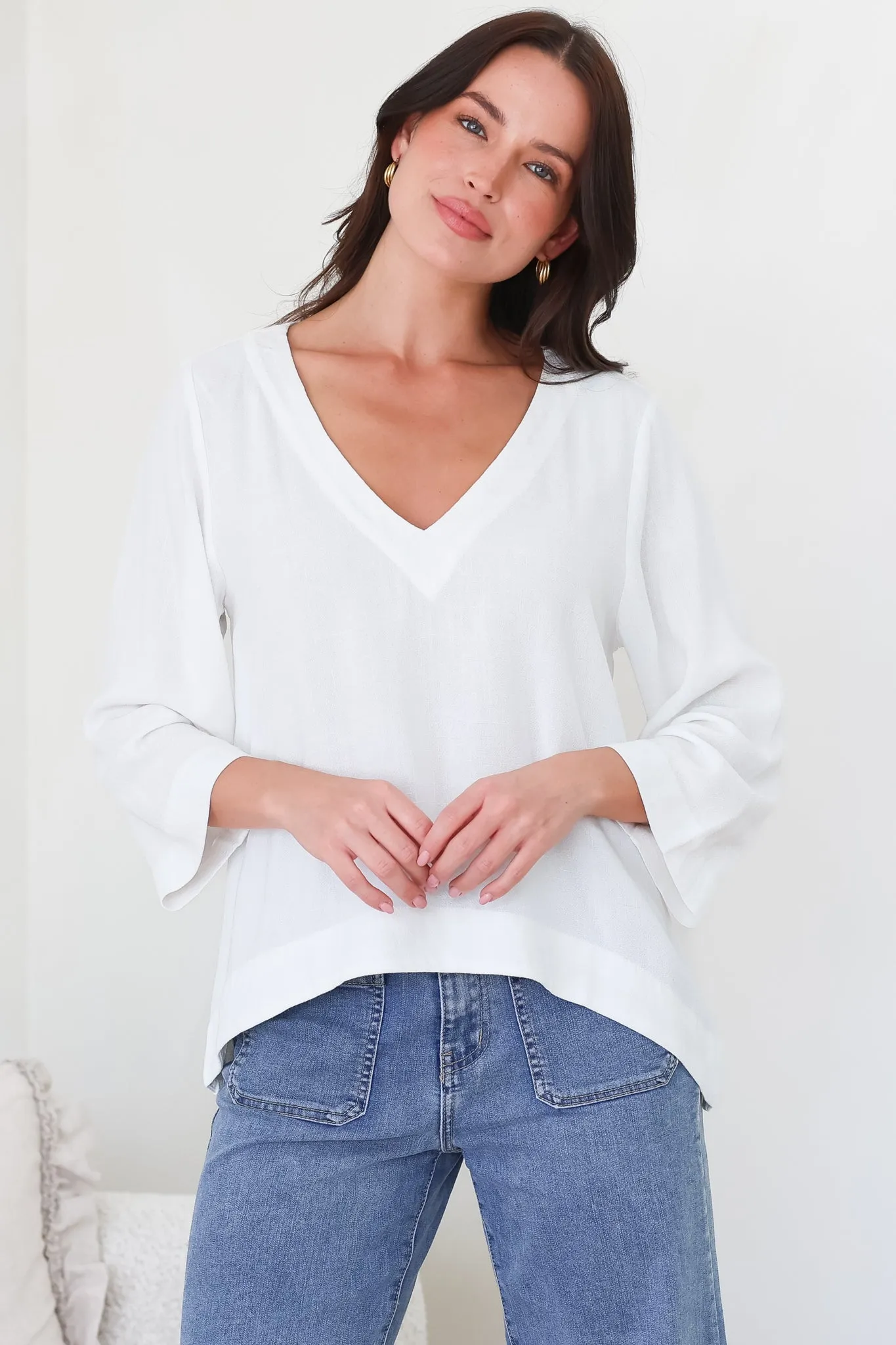 Breezer Top - Long Sleeve V Neck Pull Over Top with High Low Hemline in White sold by Salty Crush product image thumbnail 3