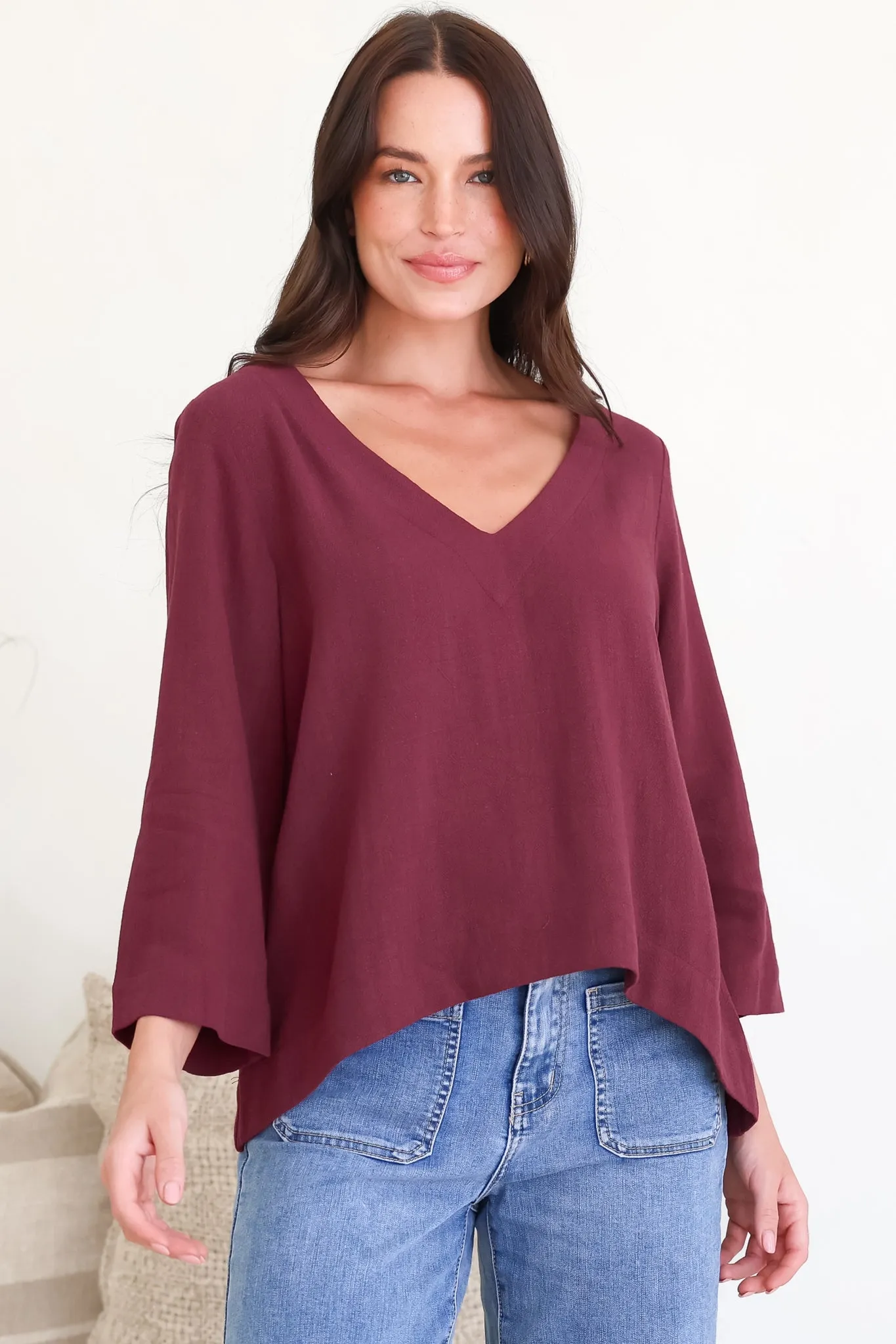 Breezer Top - Long Sleeve V Neck Pull Over Top with High Low Hemline in Wine sold by Salty Crush product image thumbnail 2