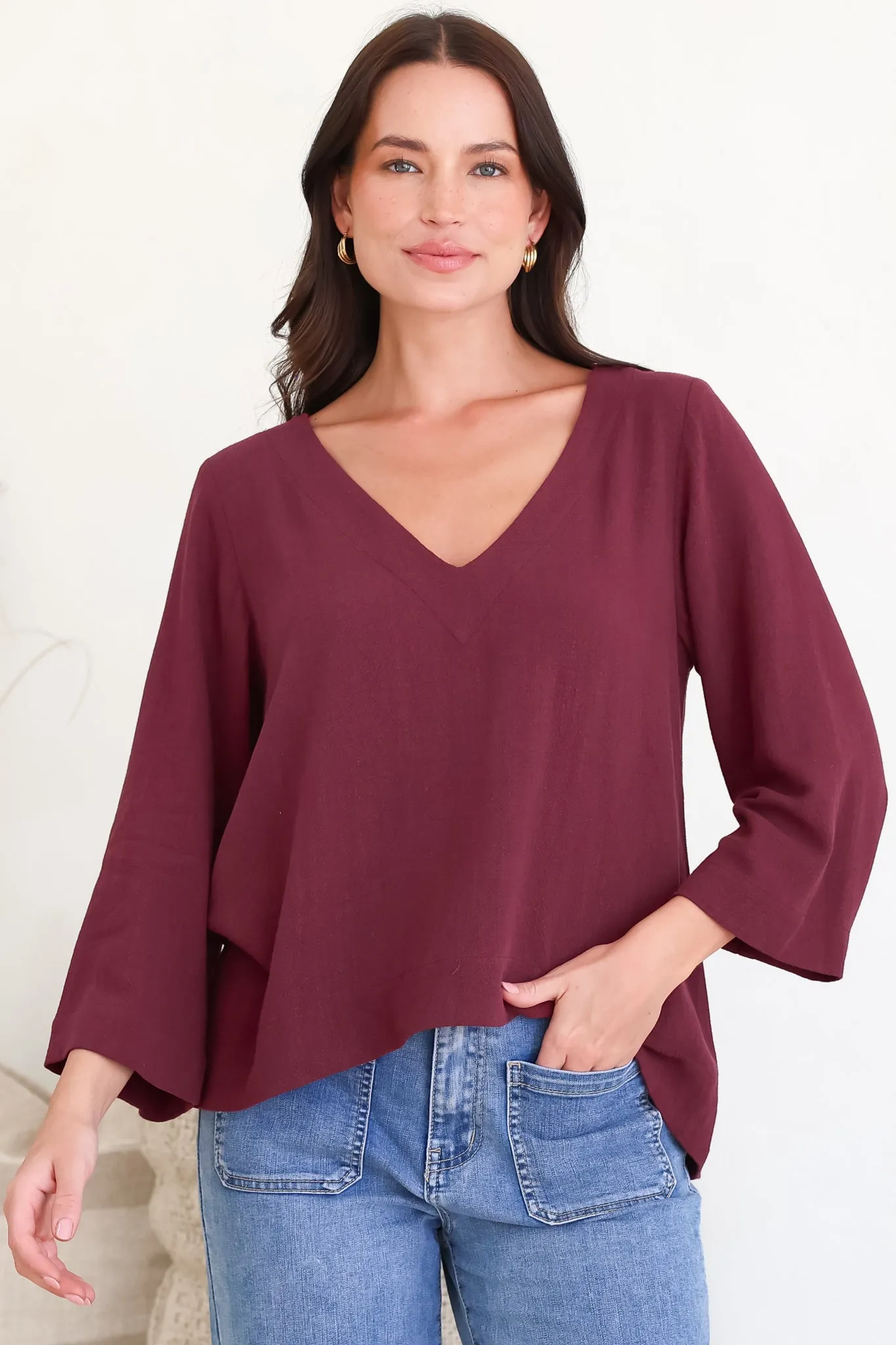 Breezer Top - Long Sleeve V Neck Pull Over Top with High Low Hemline in Wine sold by Salty Crush product image thumbnail 3