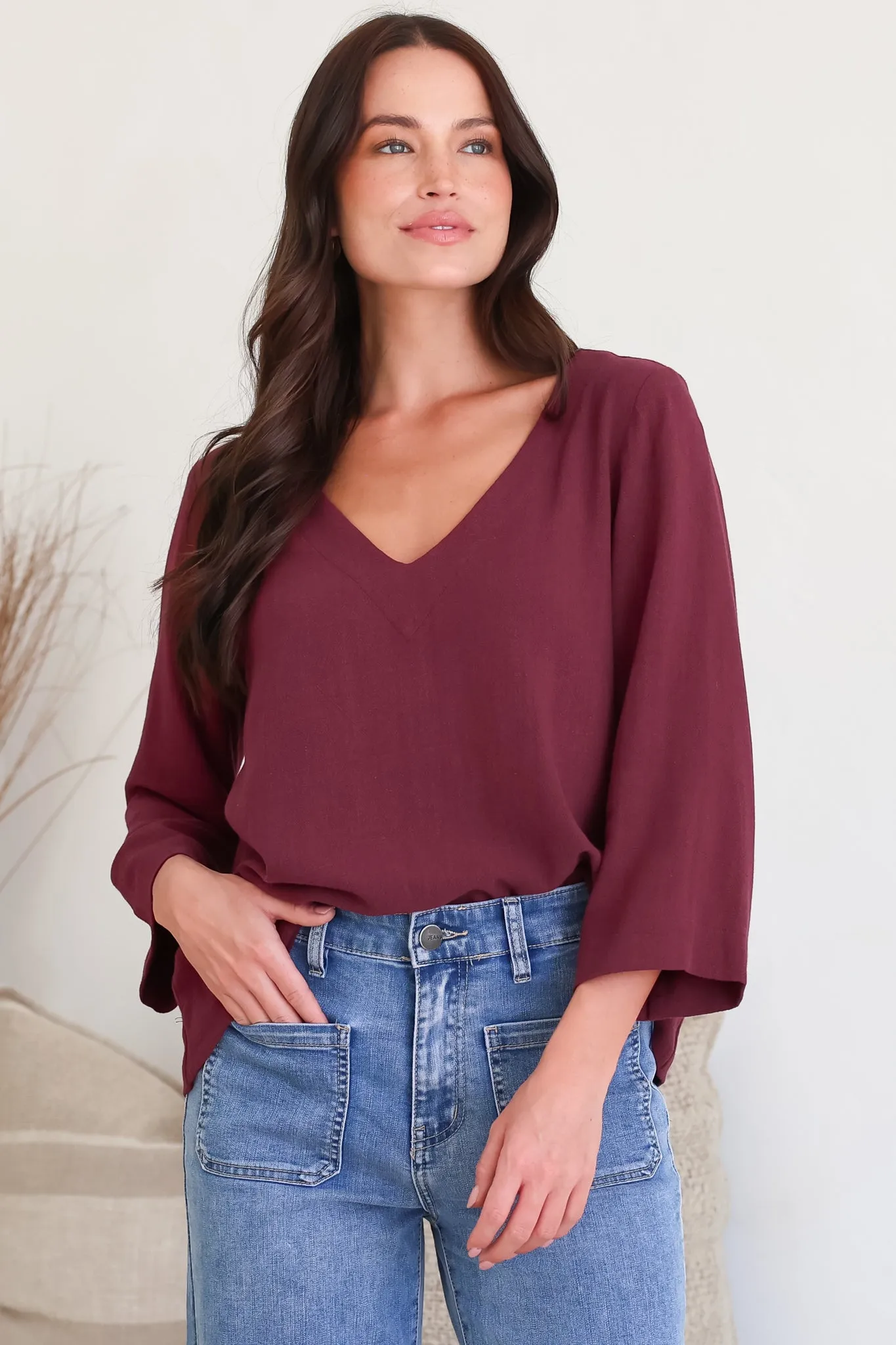 Breezer Top - Long Sleeve V Neck Pull Over Top with High Low Hemline in Wine sold by Salty Crush product image thumbnail 5