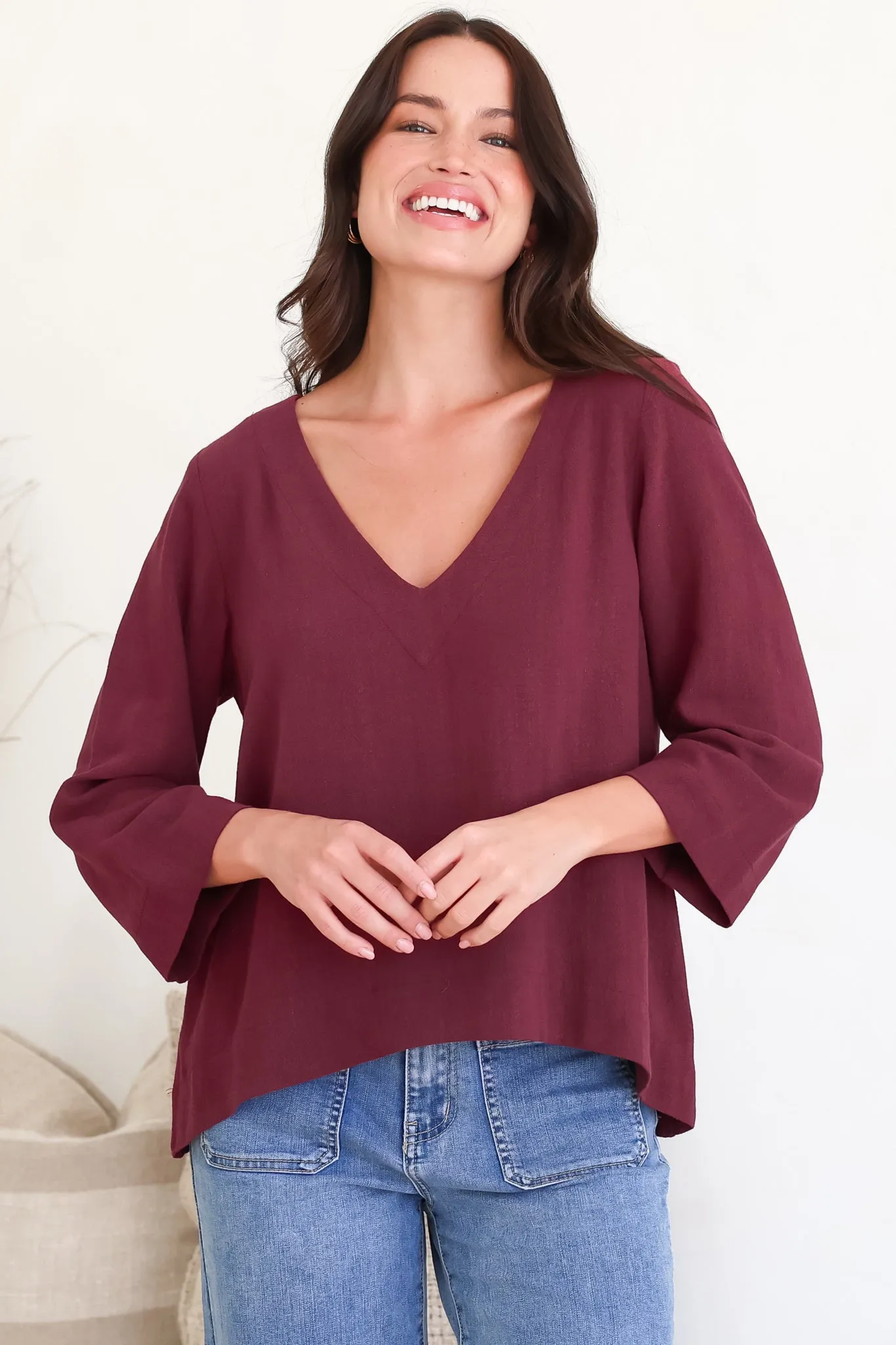 Breezer Top - Long Sleeve V Neck Pull Over Top with High Low Hemline in Wine sold by Salty Crush product image thumbnail 4
